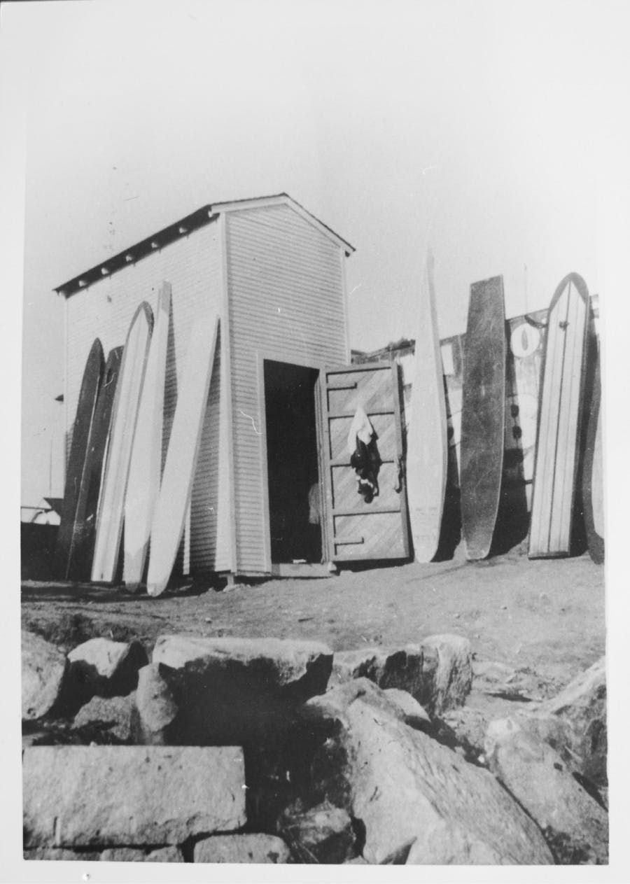 Surfboards resting along a fence and shed