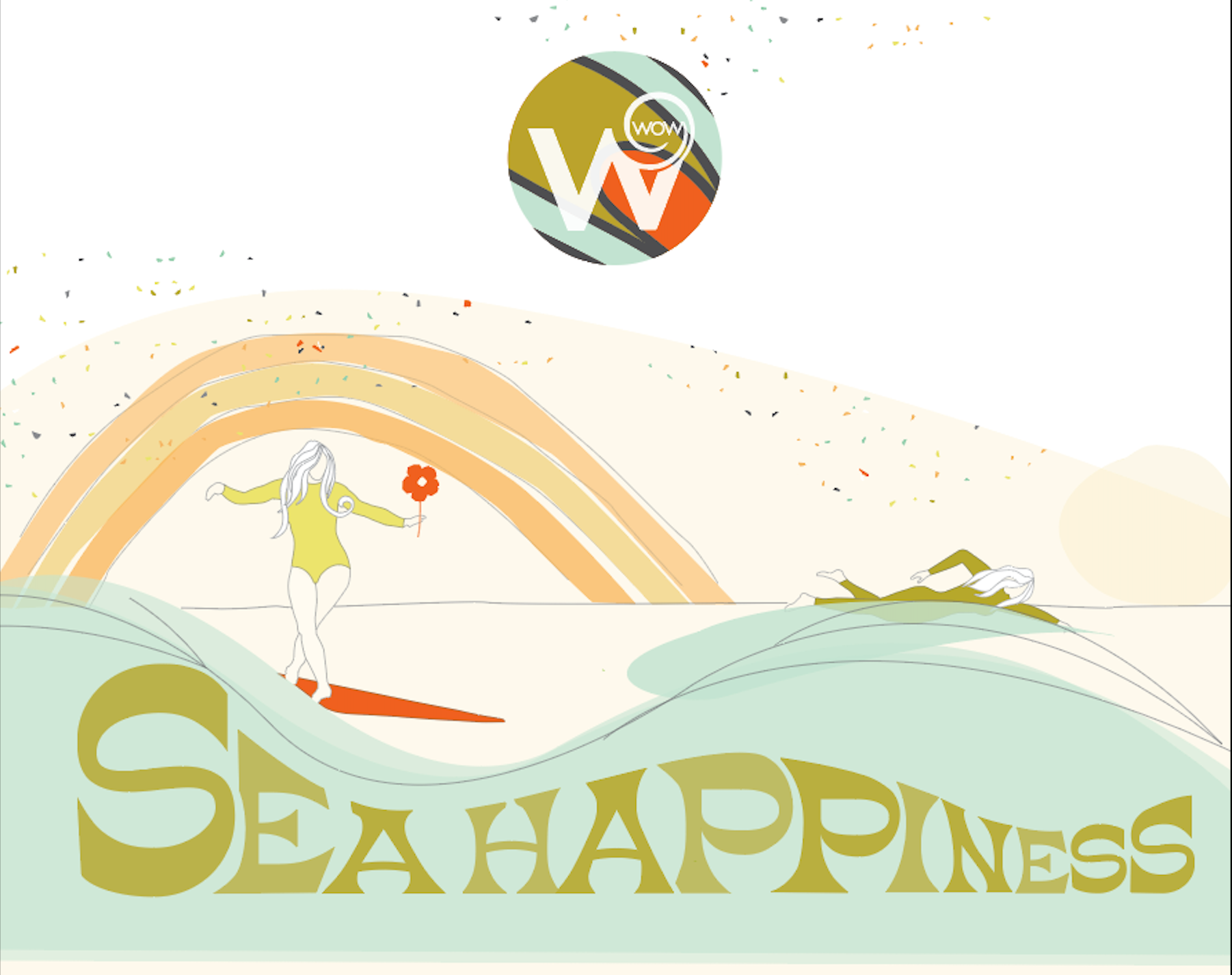 Illustration of woman surfing that reads "Sea Happiness"