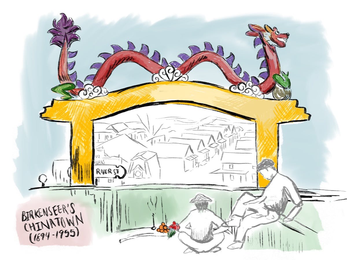 Illustration of the golden dragon archway at the mouth of the Chinatown bridge in Santa Cruz, CA with two people sitting nearby
