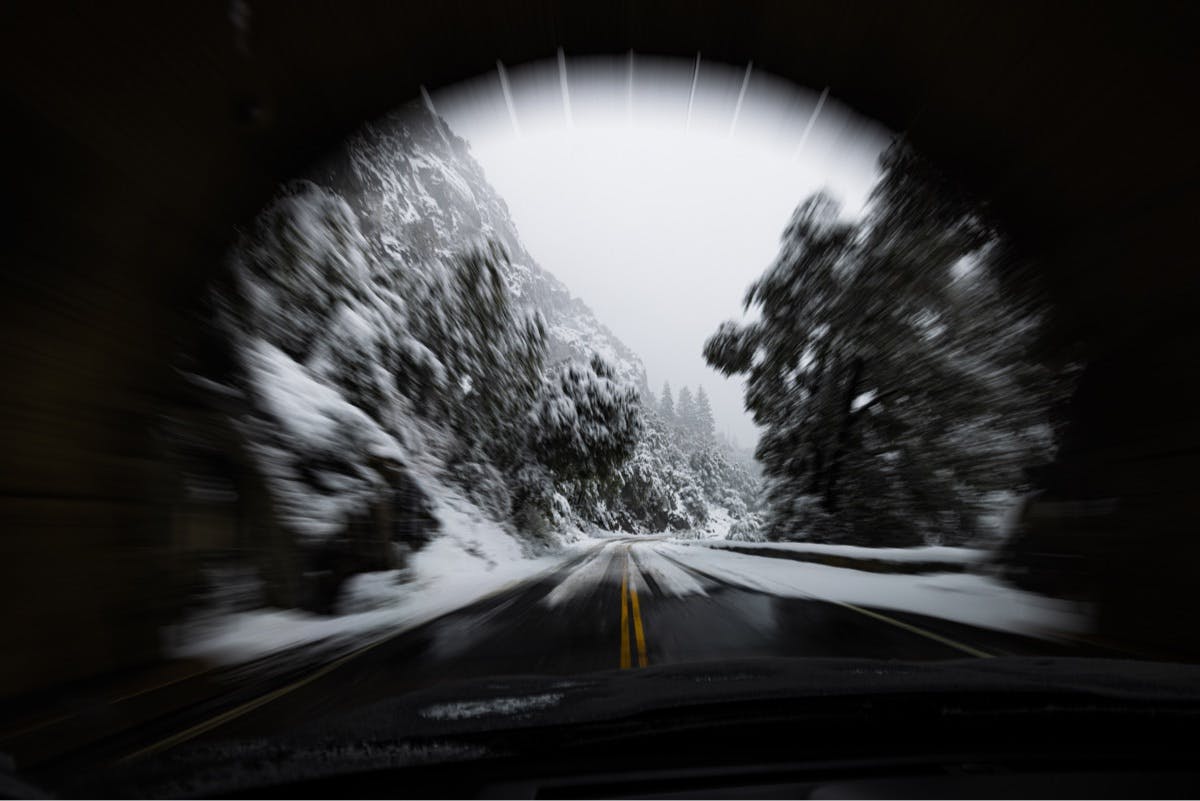 A view from inside a tunnel at Yosemite National Park during the winter