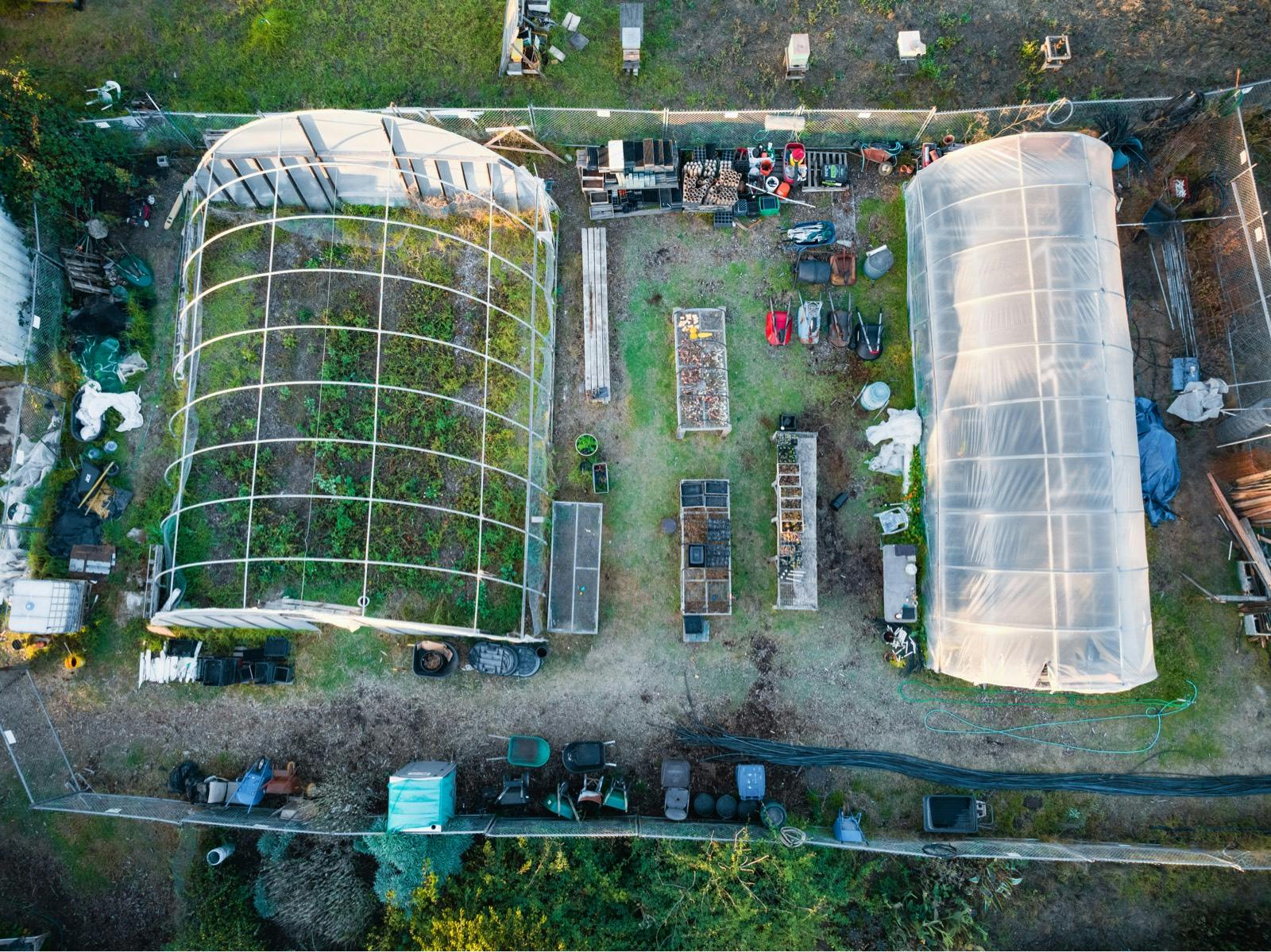 Overhead view of greenhouses at the Santa Cruz homeless garden project